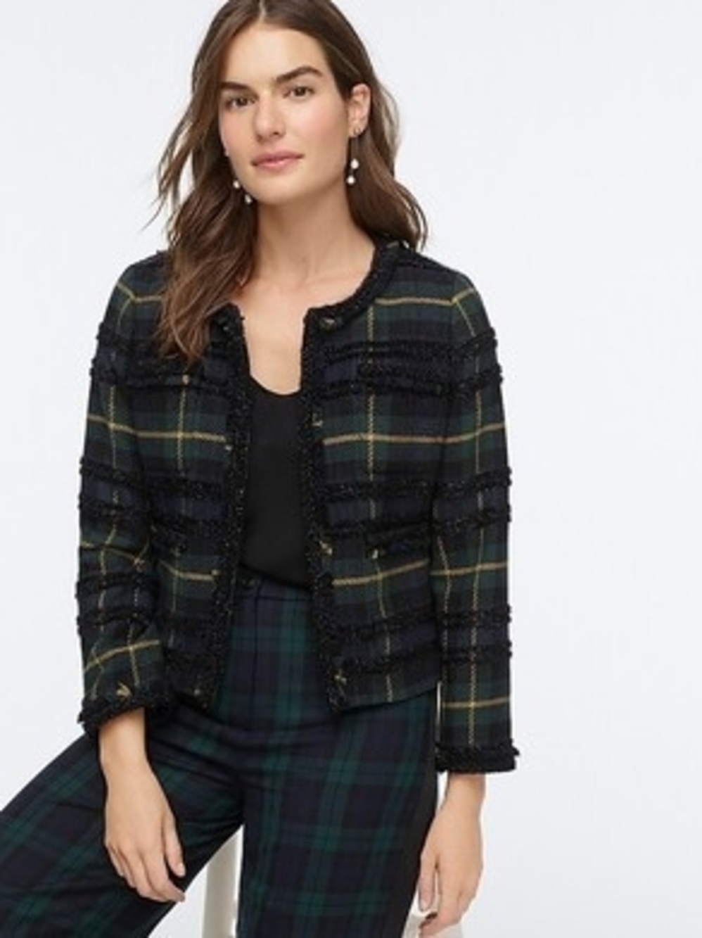 Fabric Made In Italy J. Crew Black and Dark Green Plaid Tweed Jacket with Fringe